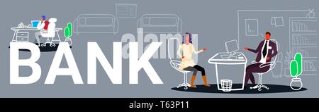 Spécialiste en services d'hommes discutant avec female client consultant financier directeur de banque assis à 24 en milieu de travail et leur donner des conseils d'experts-conseils Illustration de Vecteur