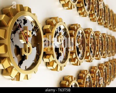 Horloges en forme de pignon avec le signe du dollar. Carte de la Terre au centre. 3D illustration. Banque D'Images