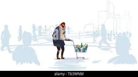 Pauvre homme poussant trolley panier avec des bouteilles vides guy walking street la mendicité pour aider les sans-abri des foules de personnes concept silhouette Illustration de Vecteur