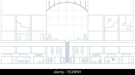 L'intérieur moderne centre commercial grand supermarché avec de nombreuses boutiques store esquisse horizontale doodle Illustration de Vecteur