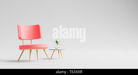 Fauteuil moderne avec une petite table basse en bois isolé sur fond gris doux. 3D illustration. Banque D'Images