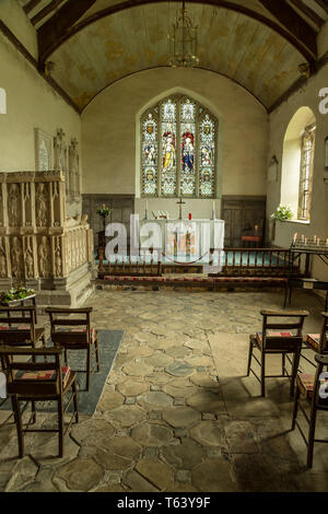 Intérieur de la chapelle du 13ème siècle à Croft Castle en Yarpole, Herefordshire, Angleterre. Banque D'Images