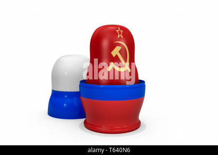 3d illustration : matrioshka avec le drapeau de l'URSS en une poupée de nidification de Fédération de Russie, de l'isolé sur fond blanc. Un concept politique Banque D'Images