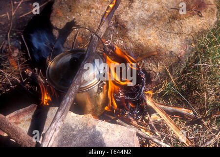 BILLY l'ÉBULLITION SUR FEU OUVERT DANS UN CAMPING EN NOUVELLE GALLES DU SUD, AUSTRALIE. Banque D'Images