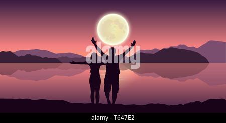 Couple heureux avec bras levés profiter de la pleine lune et les paysages de montagne par le lac illustration vecteur EPS10 Illustration de Vecteur