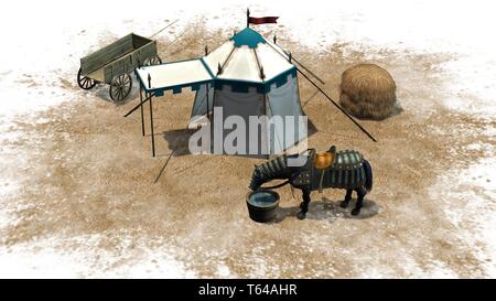 Scène médiévale avec cheval - isolé sur fond blanc Banque D'Images