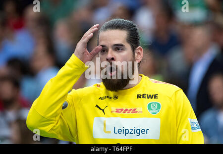 Leipzig, Allemagne. Apr 25, 2019. Handball : Bundesliga, DHfK Leipzig - Die Eulen Ludwigshafen, 28e journée dans l'ARENA Leipzig. Gardien de Leipzig Putera Milos sur le terrain. Credit : Hendrik Schmidt/dpa-Zentralbild/ZB/dpa/Alamy Live News Banque D'Images