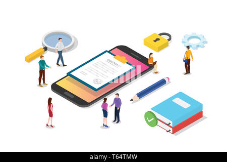 Contrat numérique électronique isométrique concept avec les gens de l'équipe contrats et documents papier - vector illustration Banque D'Images