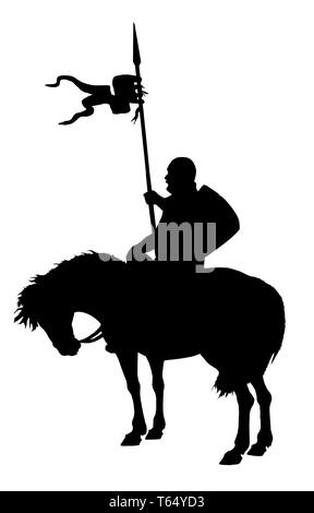 Illustration médiévale chevalier monté. Chevalier templier à cheval. Silhouette en noir et blanc. Banque D'Images