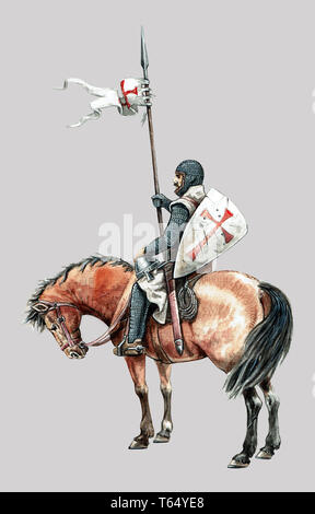 Illustration médiévale chevalier monté. Chevalier templier à cheval. Dessin acrylique. Banque D'Images