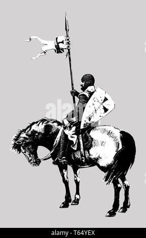 Illustration médiévale chevalier monté. Chevalier templier à cheval. Silhouette en noir et blanc. Banque D'Images