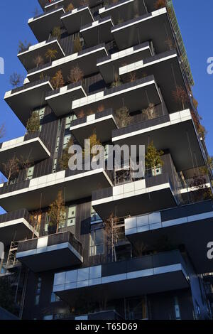 Milan/Italie - 7 décembre 2013 : l'un des deux célèbres tours résidentielles écologique prime appelée 'Bosco Verticale' avec des arbres et arbustes sur les balcons. Banque D'Images