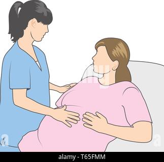 OBGYN checkup with pregnant woman in hospital bed Illustration de Vecteur