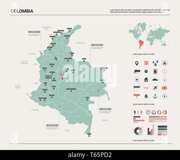 Carte vectorielle de la Colombie. Carte pays très détaillés avec la division, les villes et capital Bogota. Une carte politique, carte du monde, les éléments de l'infographie. Illustration de Vecteur