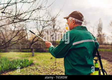 La pulvérisation avec de hauts arbres agriculteur manuel pulvérisateur de pesticides contre les insectes dans le jardin de printemps. Agriculture et jardinage concept Banque D'Images
