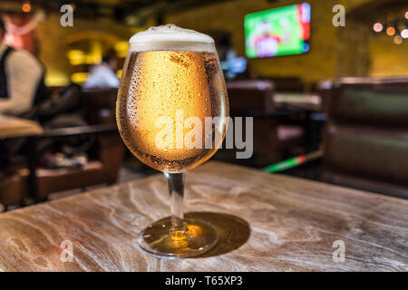 Frosty verre de bière légère sur le comptoir du bar. L'intérieur à l'arrière-plan de pub. Banque D'Images