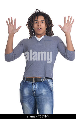 Portrait of smiling woman posing on white background Banque D'Images