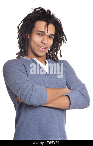 Portrait of smiling woman posing on white background Banque D'Images