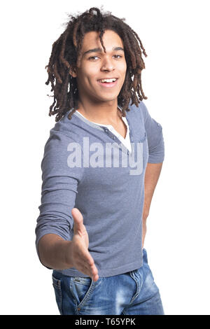 Portrait of smiling woman posing on white background Banque D'Images