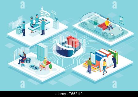 Le concept de réalité virtuelle. Diagramme vectoriel isométrique poster avec contrôleur de jeu de course de voiture vr, l'éducation en ligne et le shopping, formation en chirurgie médicale Illustration de Vecteur