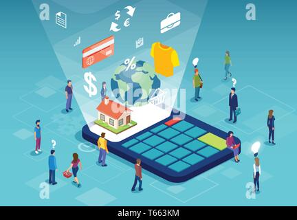 Vecteur de isométrique groupe de personnes faisant des emplettes pour la meilleure transaction immobilière Illustration de Vecteur