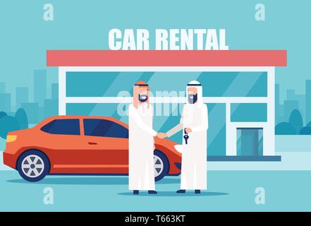Location de voiture concept. Vecteur d'un vendeur arabe homme donnant à touches pour un client Illustration de Vecteur