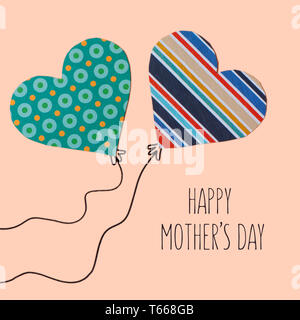 Découpe des coeurs avec différents motifs liés à tirer les cordes, comme des ballons, et l'happy mothers day sur un fond rose saumon Banque D'Images