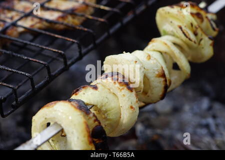 Oignon haché frits sur un feu sur les brochettes, close-up. Un barbecue en plein air Banque D'Images