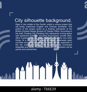 Silhouette ville arrière-plan. Gratte-ciel blanc sur fond bleu foncé. Vector illustration avec place pour le texte. Illustration de Vecteur