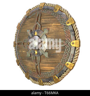 Bouclier en bois fantaisie ronde avec inserts en fer sur un fond blanc. 3d illustration Banque D'Images