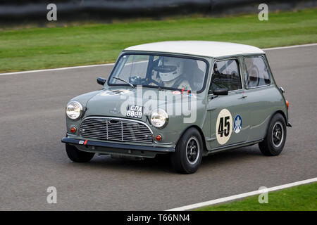 1964 Austin Mini Cooper S avec chauffeur David Ogden durant la course pour le Trophée Richmond Betty à la 77e réunion des membres GRRC Goodwood, Sussex, UK. Banque D'Images