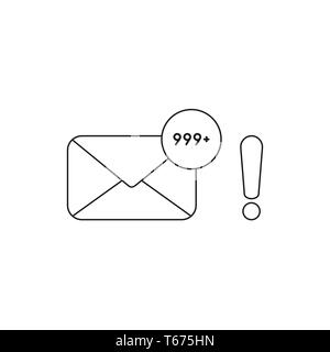 Icône vecteur concept de l'enveloppe fermée et beaucoup de junk e-mail e-mails de spam avec point d'exclamation. Contours noirs. Illustration de Vecteur