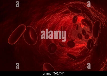 Le rendu 3d des globules rouges ou corpuscule circulant dans un vaisseau sanguin. La biologie médicale ou concept illustration. Banque D'Images