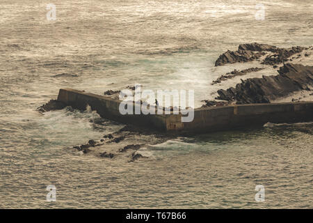 Un homme pêche dans la mer en haut d'un mur en béton, Porto das Barcas, Portugal Banque D'Images