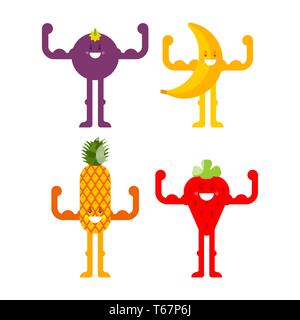 Une forte production de fruits. Fraise puissante et la grenade. Ananas et mangoustan. La banane. Alimentation saine. Cartoon Vector illustration Illustration de Vecteur