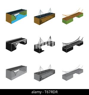 ,Pont,montage,modernes,mer,suspension,long,côte,banque,rivière,assemblés métal,port,cascade,colonne,autoroute,mains courantes,prop,bâtiment,tombantes,route,cable,cadre,design,construire,ponts,côté,architecture,vue,vue,passage,structure,set,icône,,illustration,collection,isolé,graphique,élément vecteur vecteurs,signer , Illustration de Vecteur