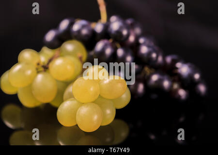 Close-up, les baies de dark et jaune grappe de raisin en faible lumière fond noir miroir Banque D'Images