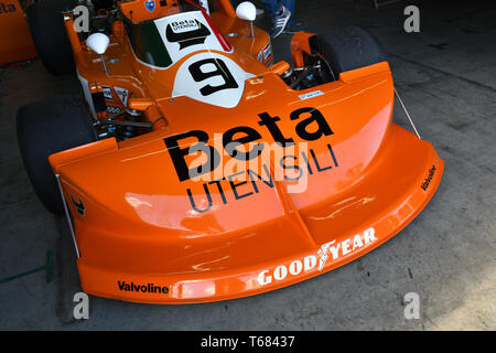 Imola, 27 avril 2019 : Détail de F1 Historique March-Cosworth 751 ex 1976 Peterson - Brambilla dans la boîte chez Minardi jour Historique 2019 au circuit d'Imola Banque D'Images