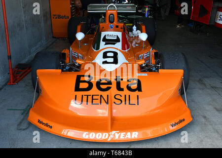 Imola, 27 avril 2019 : Détail de F1 Historique March-Cosworth 751 ex 1976 Peterson - Brambilla dans la boîte chez Minardi jour Historique 2019 au circuit d'Imola Banque D'Images