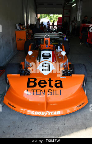 Imola, 27 avril 2019 : Détail de F1 Historique March-Cosworth 751 ex 1976 Peterson - Brambilla dans la boîte chez Minardi jour Historique 2019 au circuit d'Imola Banque D'Images