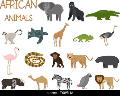 Animaux d'Afrique ensemble d'icônes dans le style plate, la faune africaine, éléphant, rhinocéros, lion, perroquet, etc. vector illustration Illustration de Vecteur