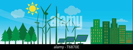 Concept d'énergie verte : éoliennes et des panneaux solaires à proximité d'un immeuble Illustration de Vecteur