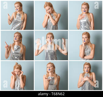 Belle jeune femme avec des émotions différentes sur un fond de couleur Banque D'Images