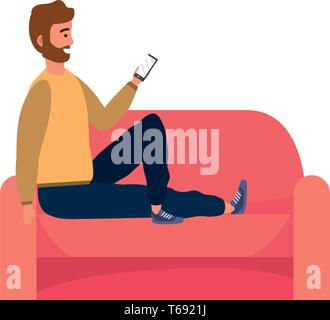 Personne millénaire tenue élégante assise dans la table à l'aide d'atermoiements smartphone design graphique illustration vectorielle barbu Illustration de Vecteur