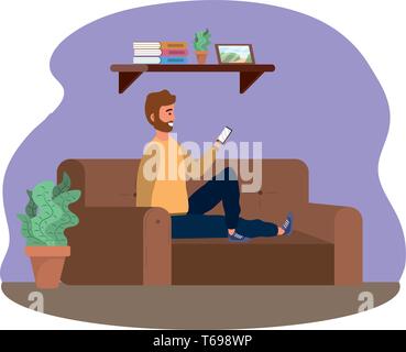 Personne assise millénaire dans la table à l'aide des médias sociaux smartphone procrastination barbu à l'intérieur du châssis arrière-plan vector illustration graphic design Illustration de Vecteur