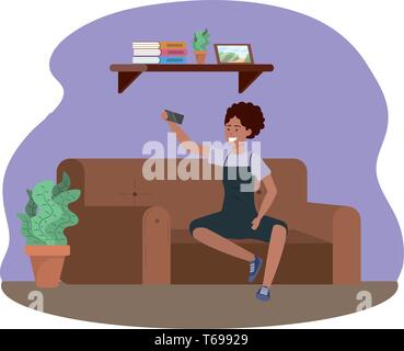 Personne assise millénaire dans la table à l'aide des médias sociaux smartphone procrastination bretelles afro en tenant à l'intérieur du châssis arrière-plan selfies vector illustration graphic design Illustration de Vecteur