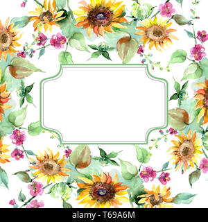 Bouquet de fleurs de tournesol botanique floral. Contexte aquarelle illustration set. Bordure de cadre carré ornement. Banque D'Images