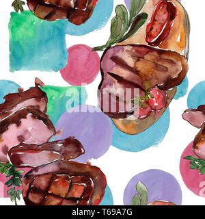 Le steak grillé savoureux. Contexte aquarelle illustration set. Motif de fond transparent. Banque D'Images