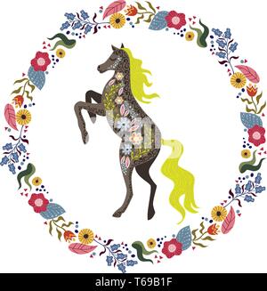 Vector Art illustration isolé coloré avec de beaux chevaux folk abstrait et couronne de fleurs sur un fond blanc. Illustration de Vecteur