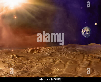 Planète Mars paysage. Surface de mars et la poussière dans l'atmosphère avec la terre et de la lune sur l'horizon. Tempête de poussière sur Mars. Éléments de cette image fournie Banque D'Images